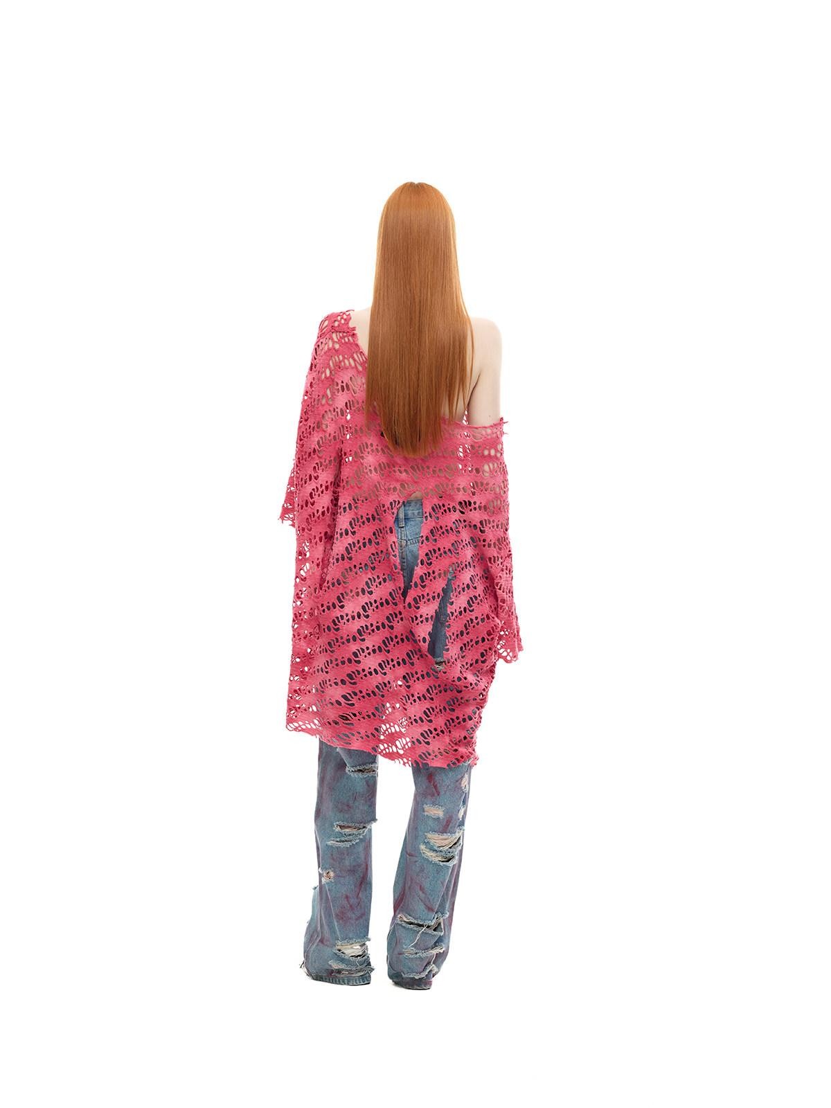 PINKSPINK Pink Gray Gradient Moon Applique Eyelet Y2k Women's Mesh Long Sleeve T-shirts