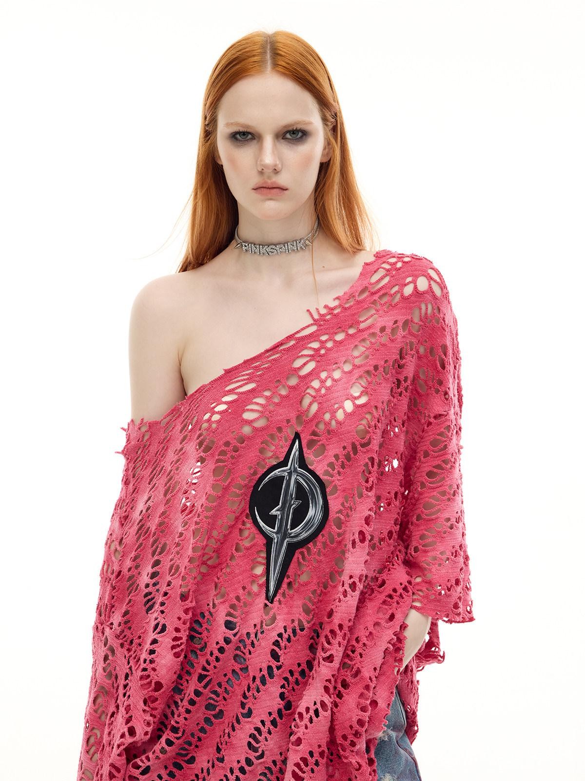 PINKSPINK Pink Gray Gradient Moon Applique Eyelet Y2k Women's Mesh Long Sleeve T-shirts