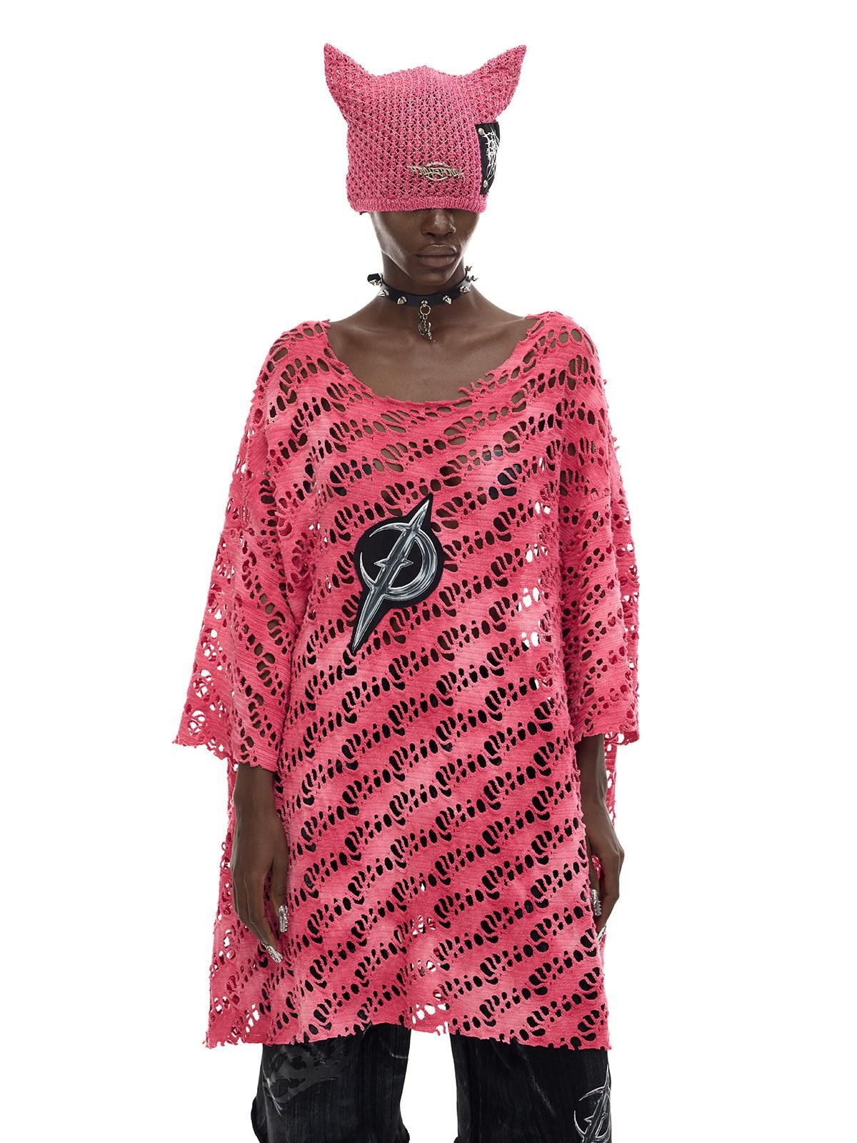 PINKSPINK Pink Gray Gradient Moon Applique Eyelet Y2k Women's Mesh Long Sleeve T-shirts