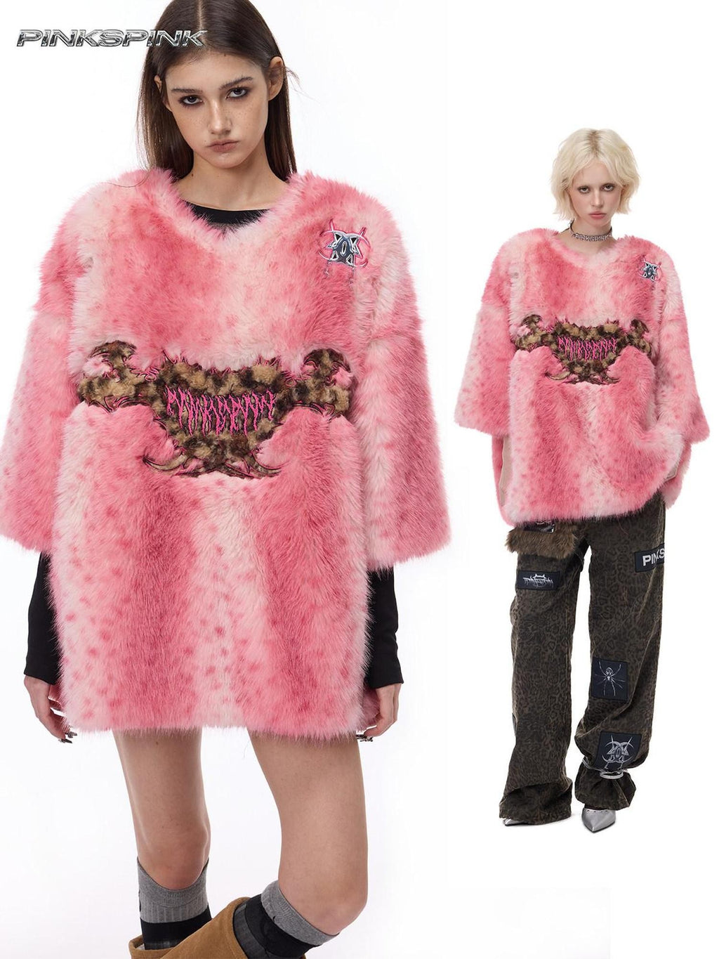 PINKSPINK Pink Leopard Heart Embroidered 3d Pompom High Collar Women's Faux Fur Coats