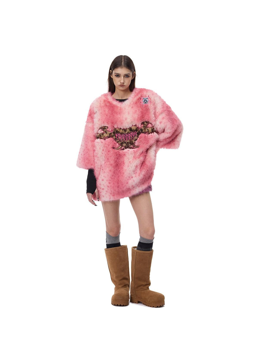 PINKSPINK Pink Leopard Heart Embroidered 3d Pompom High Collar Women's Faux Fur Coats