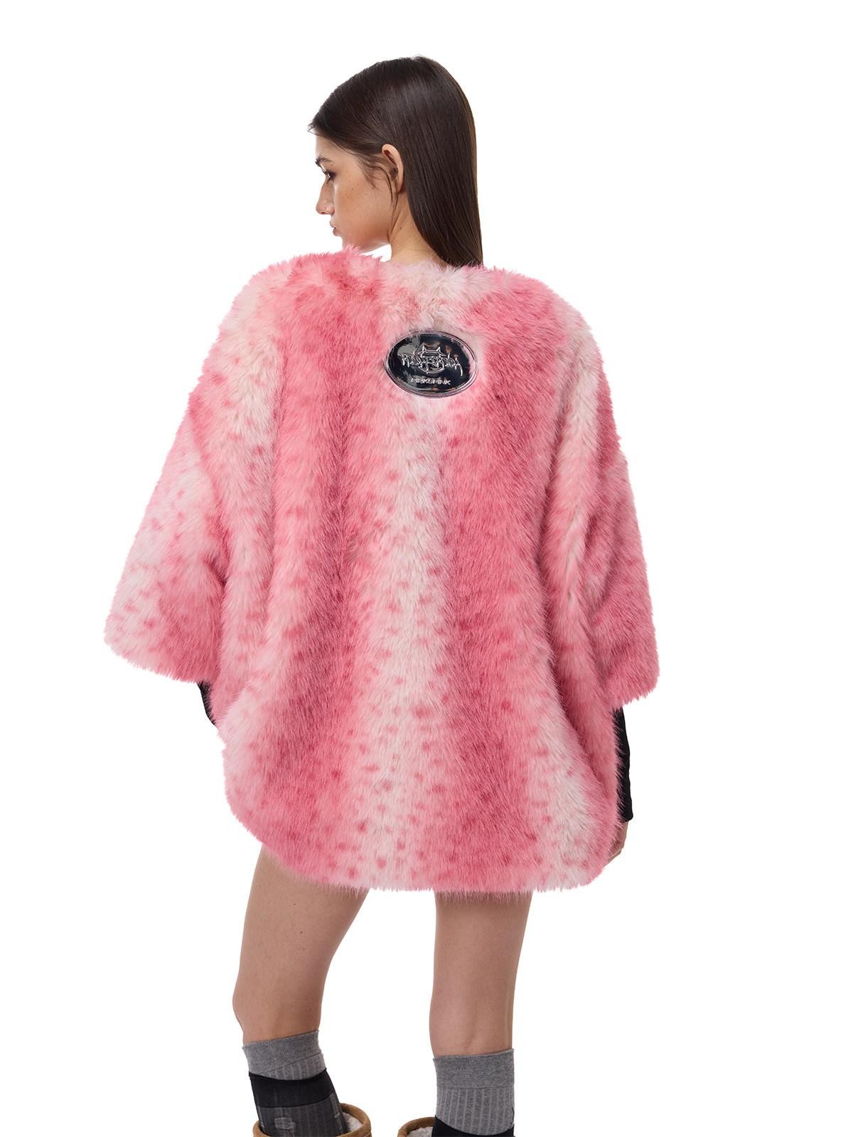 PINKSPINK Pink Leopard Heart Embroidered 3d Pompom High Collar Women's Faux Fur Coats