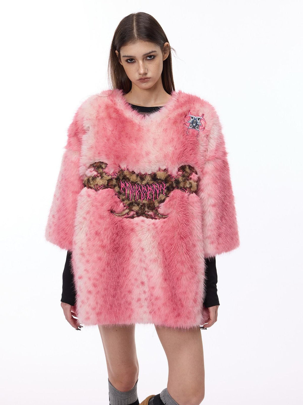 PINKSPINK Pink Leopard Heart Embroidered 3d Pompom High Collar Women's Faux Fur Coats