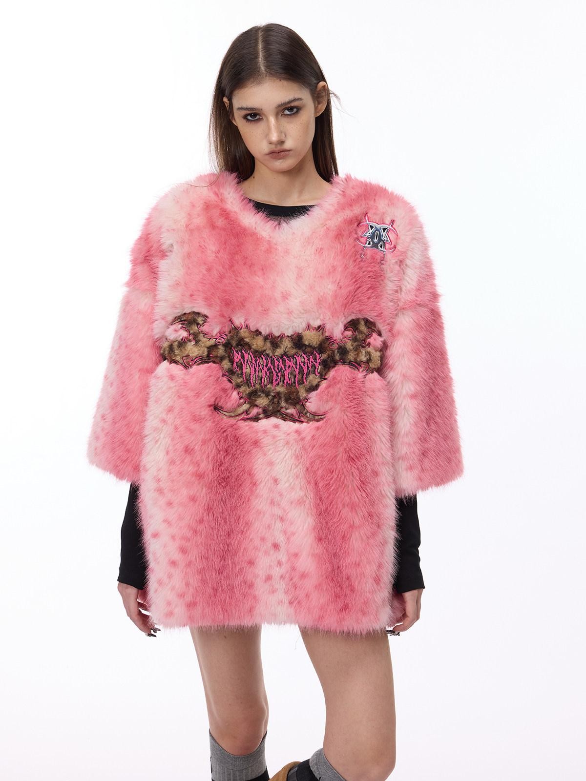 PINKSPINK Pink Leopard Heart Embroidered 3d Pompom High Collar Women's Faux Fur Coats