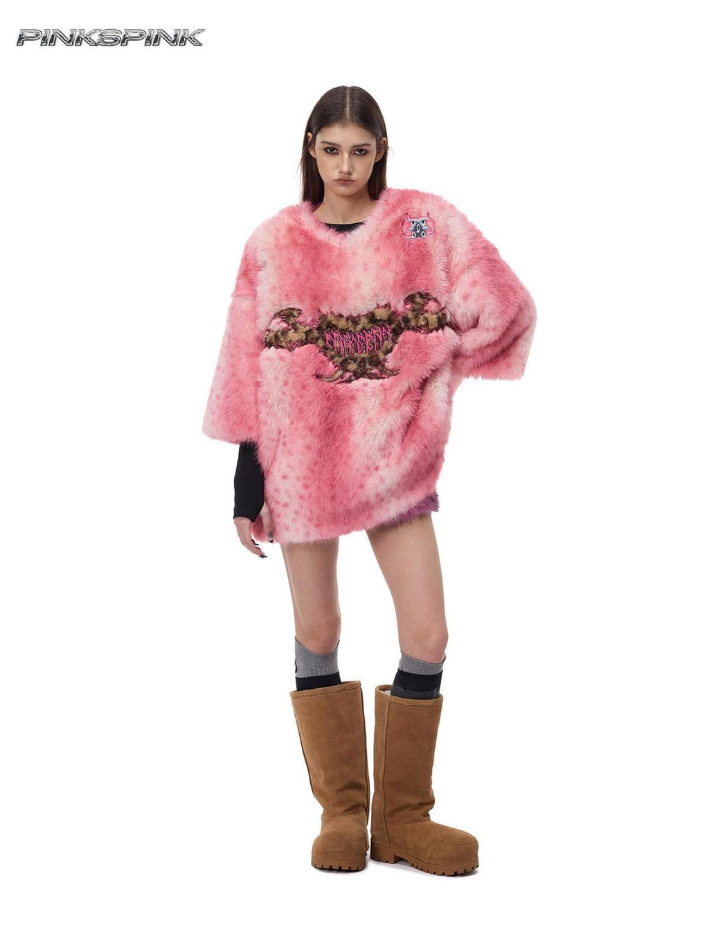 PINKSPINK Pink Leopard Heart Embroidered 3d Pompom High Collar Women's Faux Fur Coats