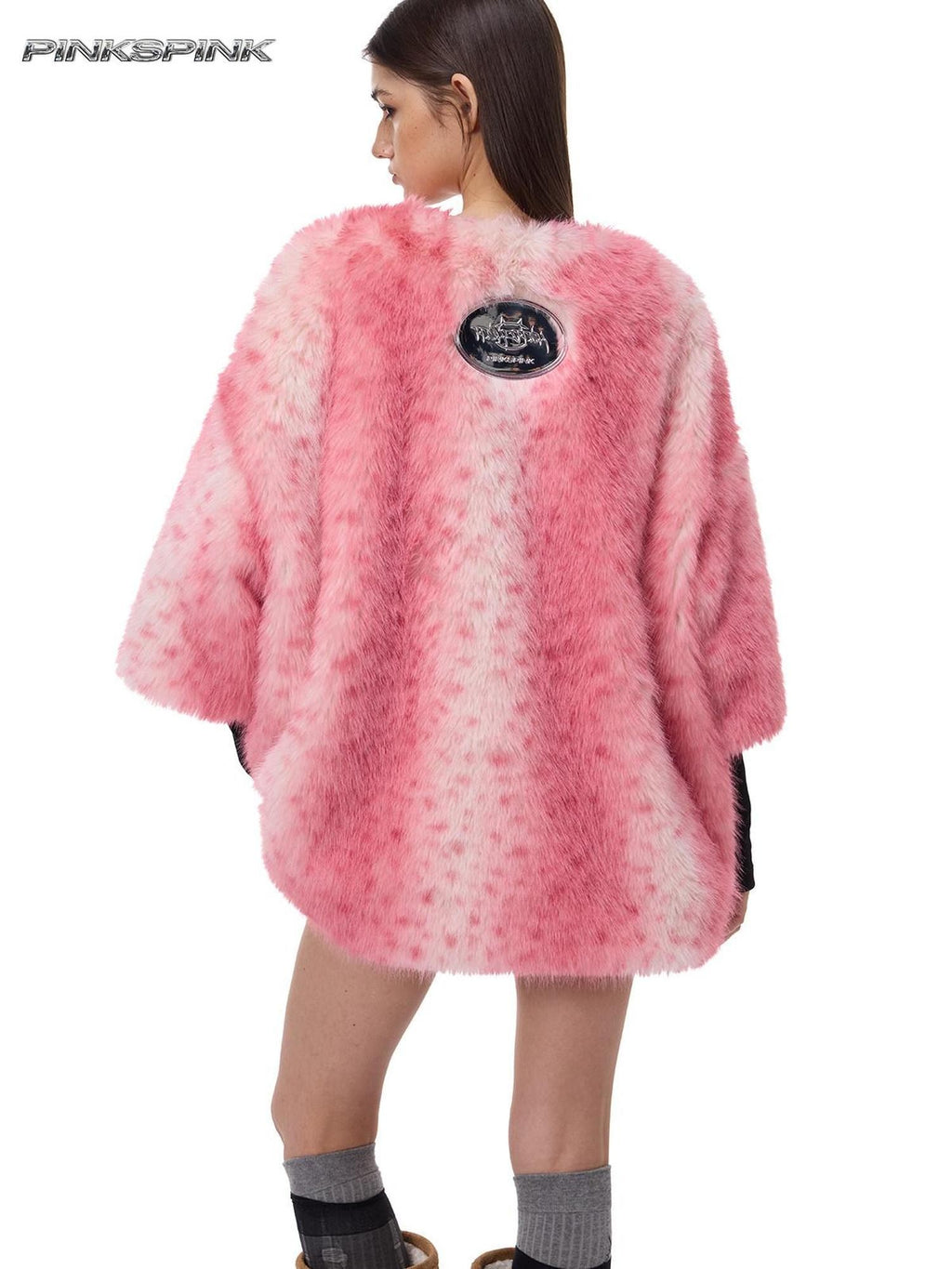 PINKSPINK Pink Leopard Heart Embroidered 3d Pompom High Collar Women's Faux Fur Coats
