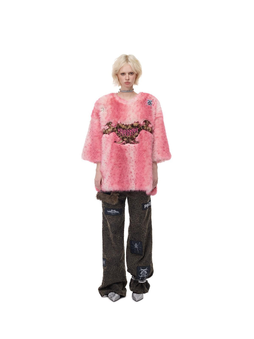 PINKSPINK Pink Leopard Heart Embroidered 3d Pompom High Collar Women's Faux Fur Coats