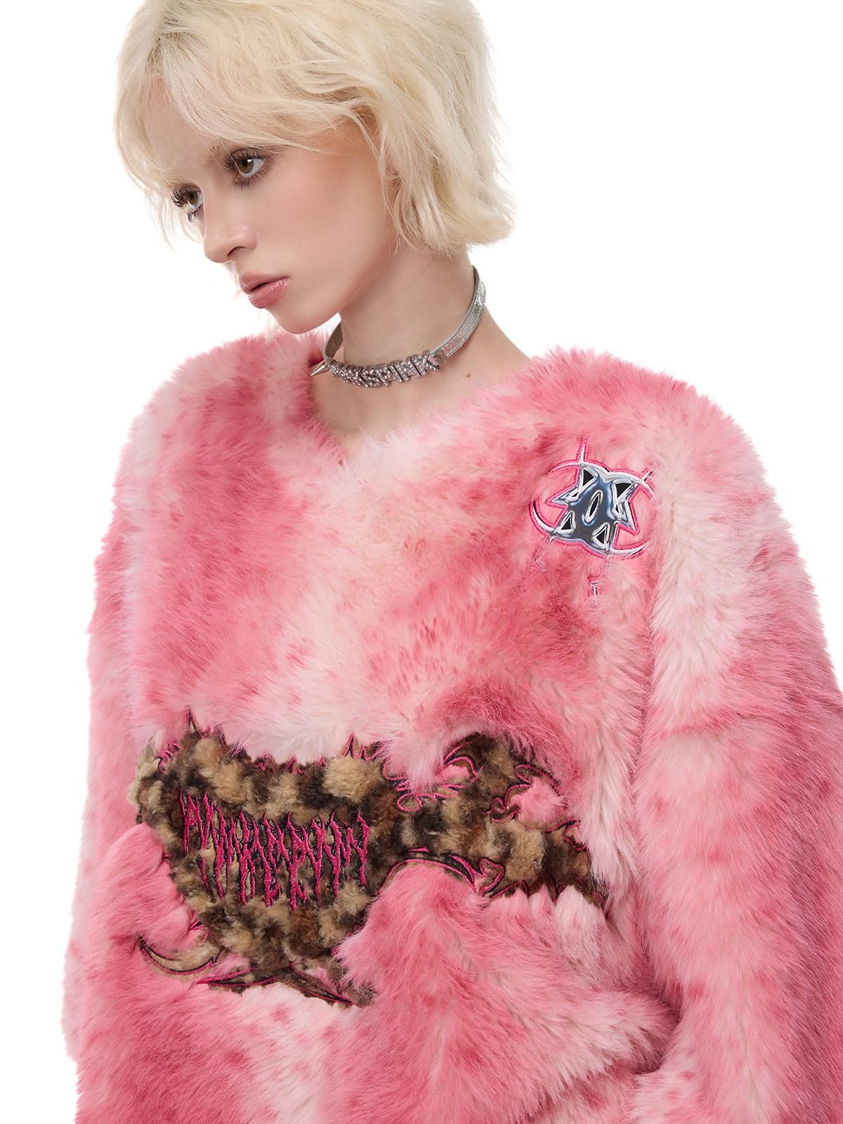 PINKSPINK Pink Leopard Heart Embroidered 3d Pompom High Collar Women's Faux Fur Coats