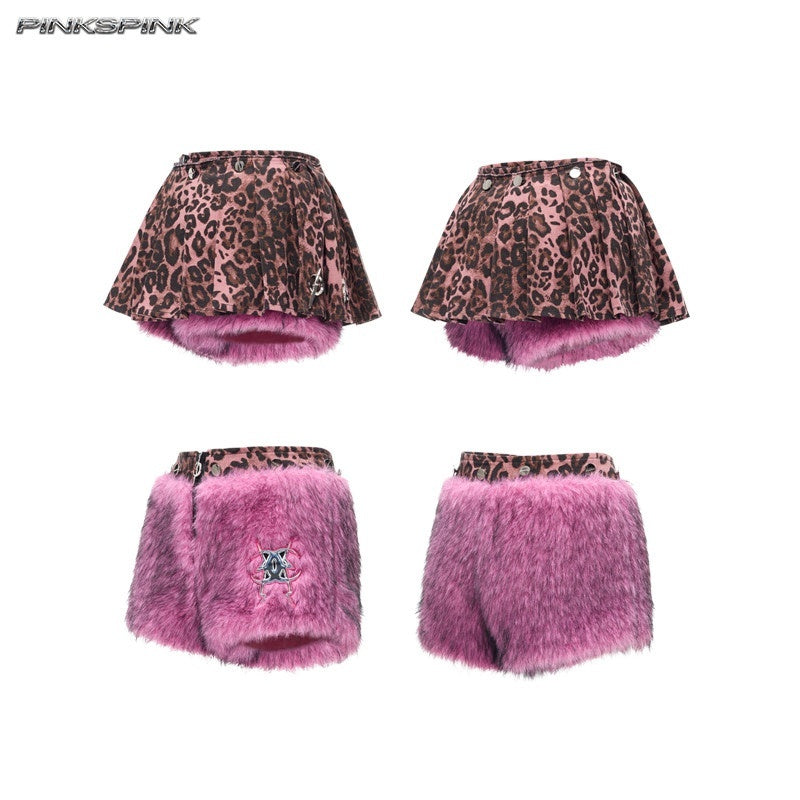 PINKSPINK_Pink_Leopard_Print_Detachable_Fluffy_Ruched_Mini_A_Line_Women's_Skorts_1000246461459_MISSTT