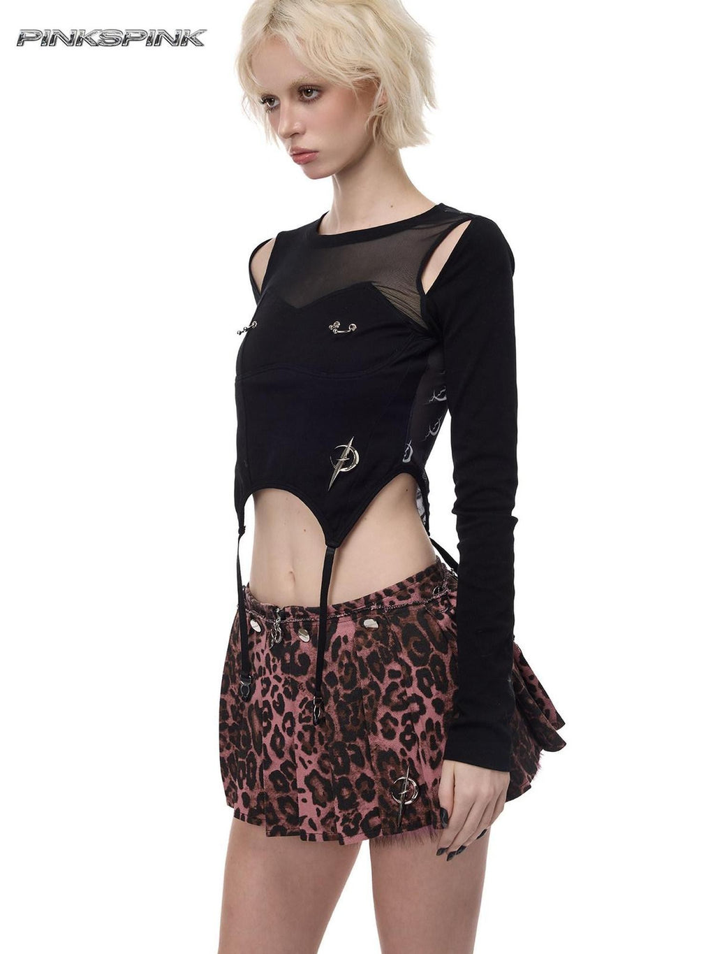 PINKSPINK Pink Leopard Print Detachable Fluffy Ruched Mini A Line Women's Skorts