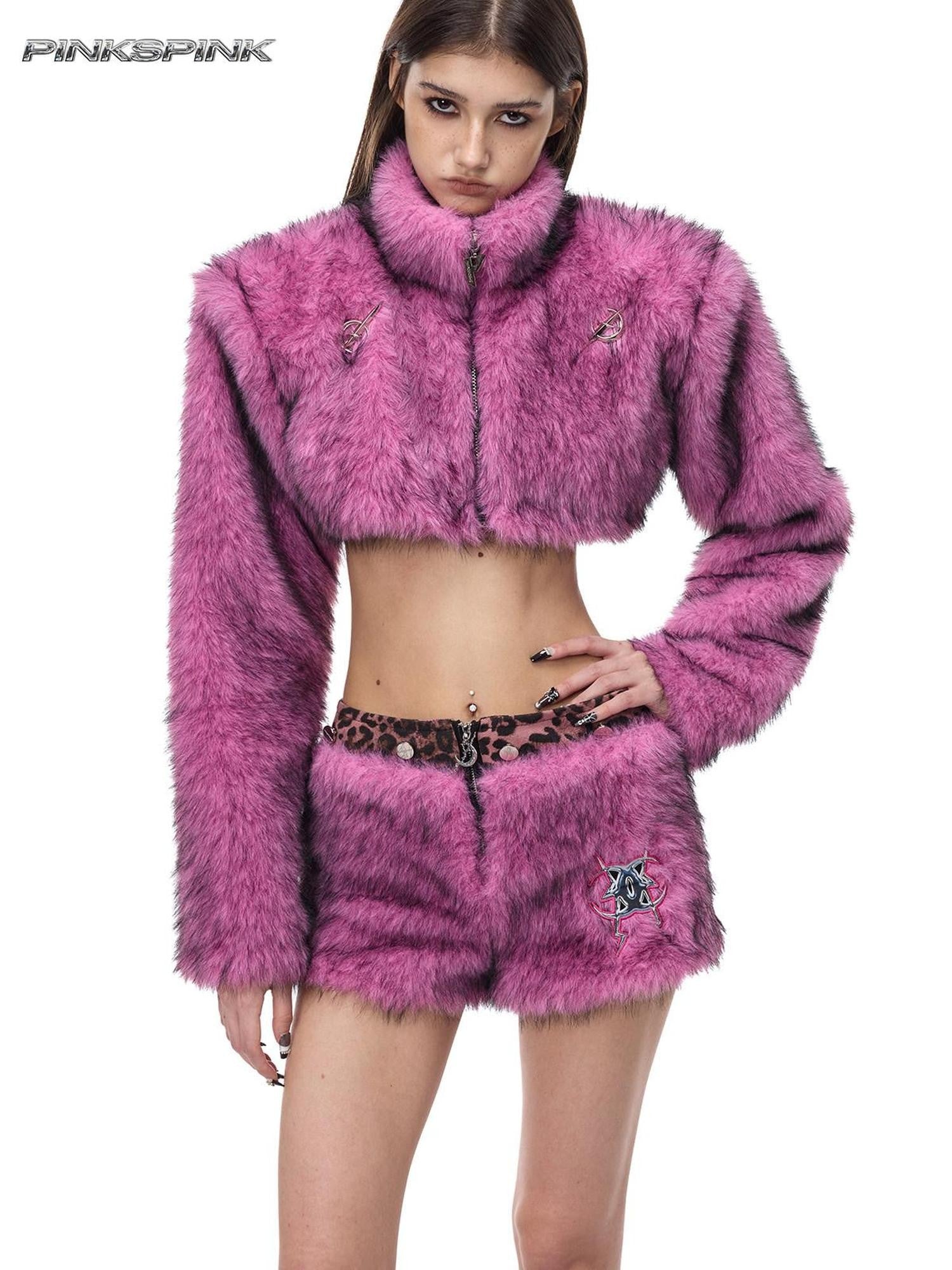 PINKSPINK Pink Leopard Print Detachable Fluffy Ruched Mini A Line Women's Skorts