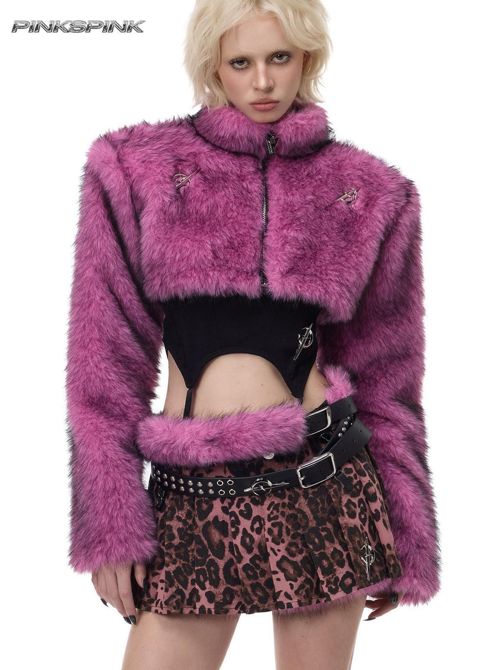 PINKSPINK Pink Leopard Print Detachable Fluffy Ruched Mini A Line Women's Skorts