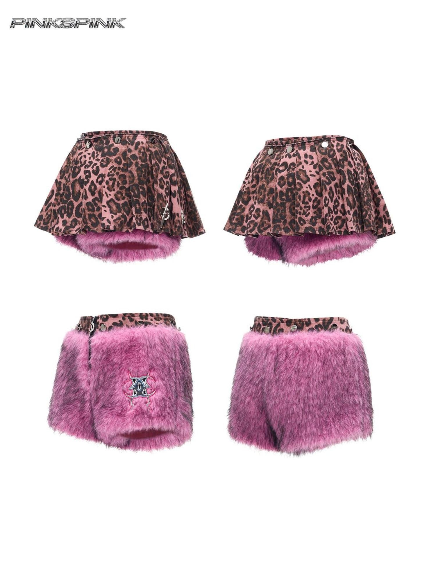 PINKSPINK Pink Leopard Print Detachable Fluffy Ruched Mini A Line Women's Skorts