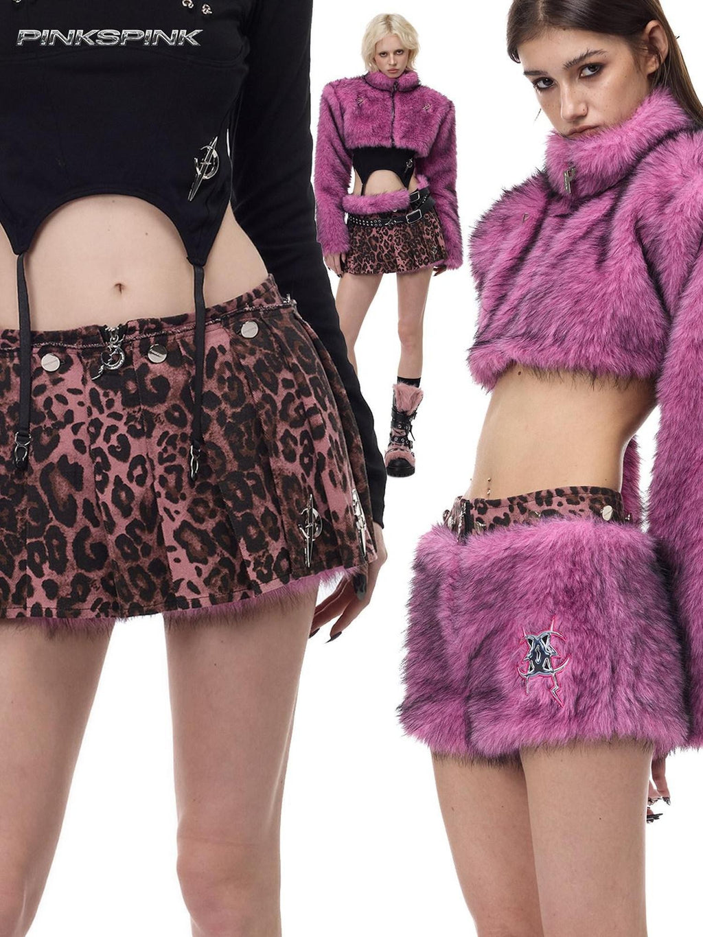 PINKSPINK Pink Leopard Print Detachable Fuzzy Ruched A Line Women's Triacetate Skorts