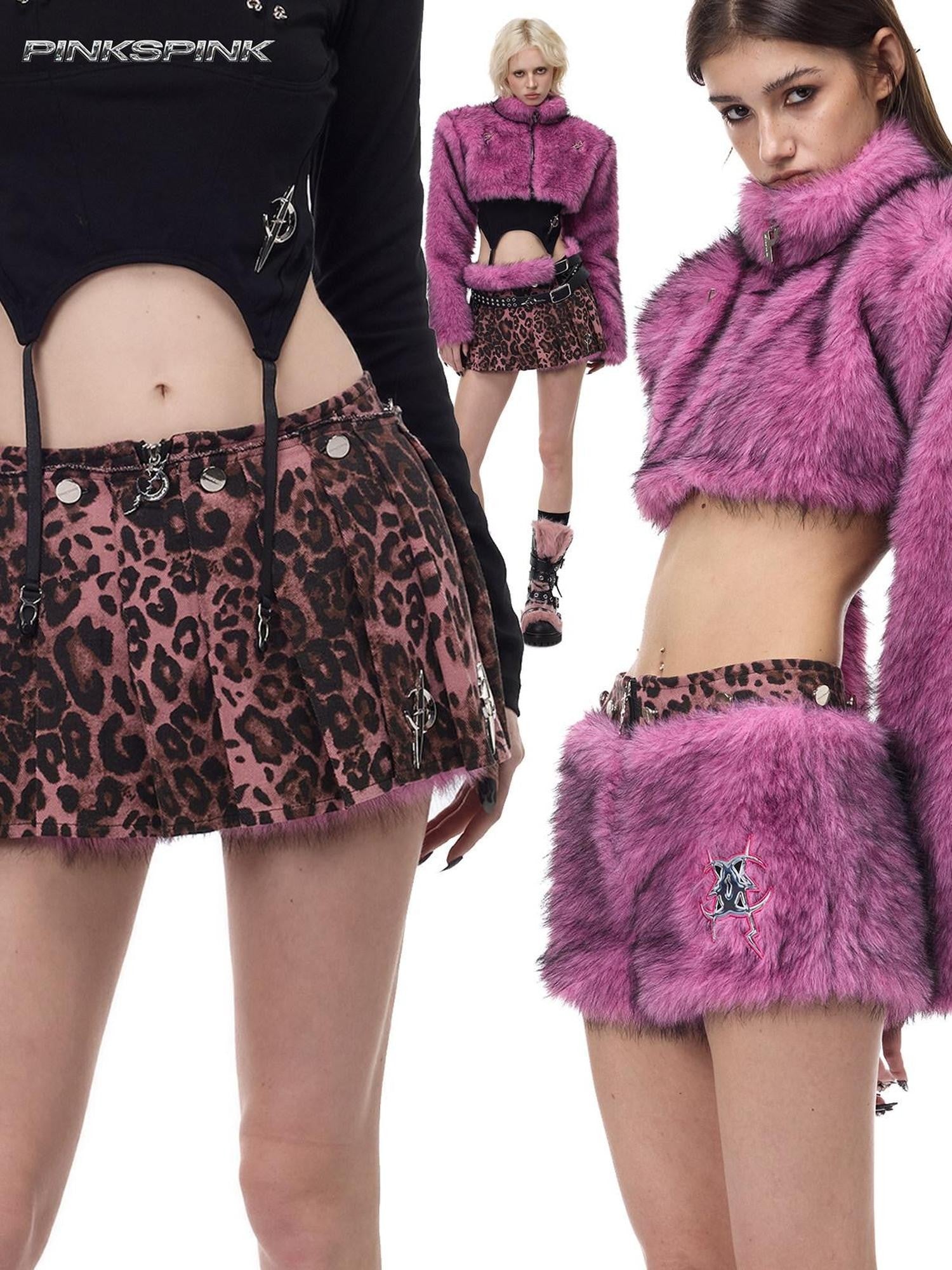 PINKSPINK Pink Leopard Print Detachable Fuzzy Ruched A Line Women's Triacetate Skorts