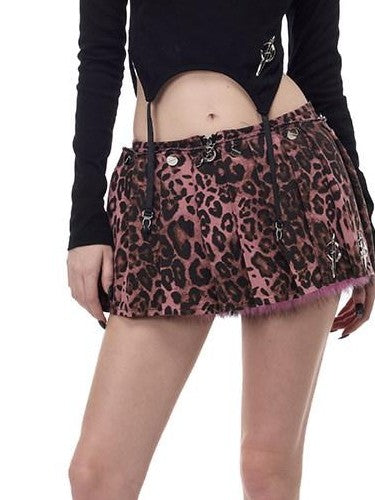 PINKSPINK Pink Leopard Print Detachable Fuzzy Ruched A Line Women's Triacetate Skorts
