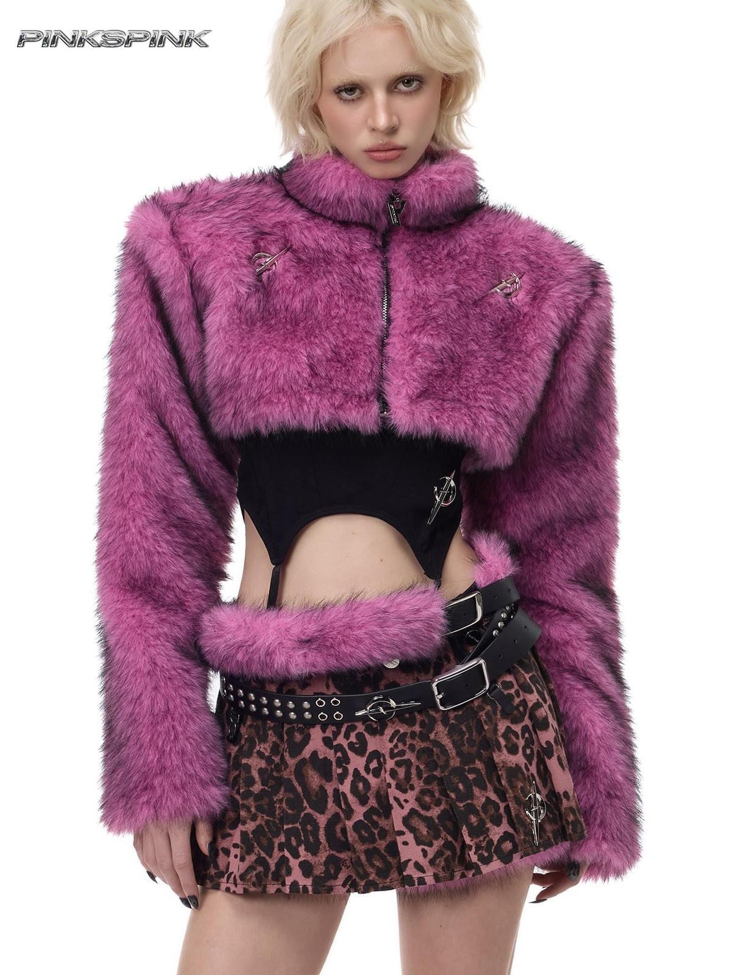 PINKSPINK Pink Leopard Print Detachable Fuzzy Ruched A Line Women's Triacetate Skorts