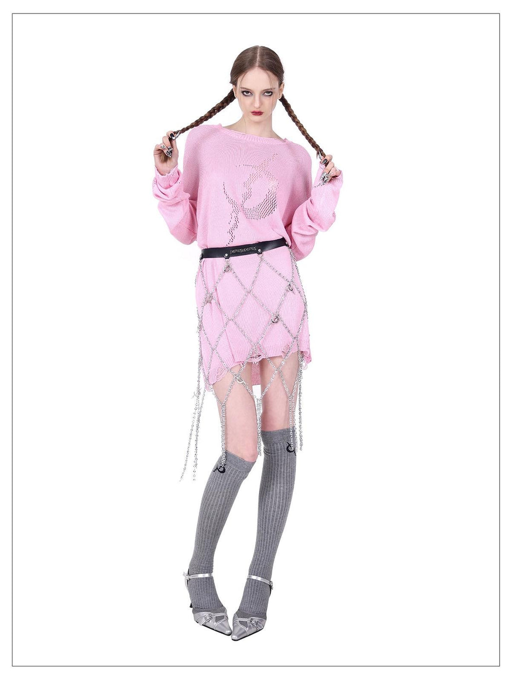PINKSPINK Pink Mesh Cutout Hand Distressed Women's Acrylic Blend Long Sleeve T-shirts