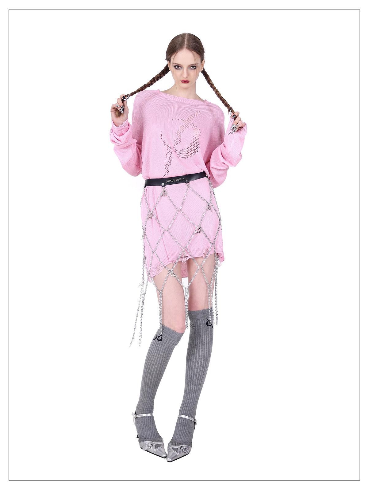 PINKSPINK Pink Mesh Cutout Hand Distressed Women's Acrylic Blend Long Sleeve T-shirts