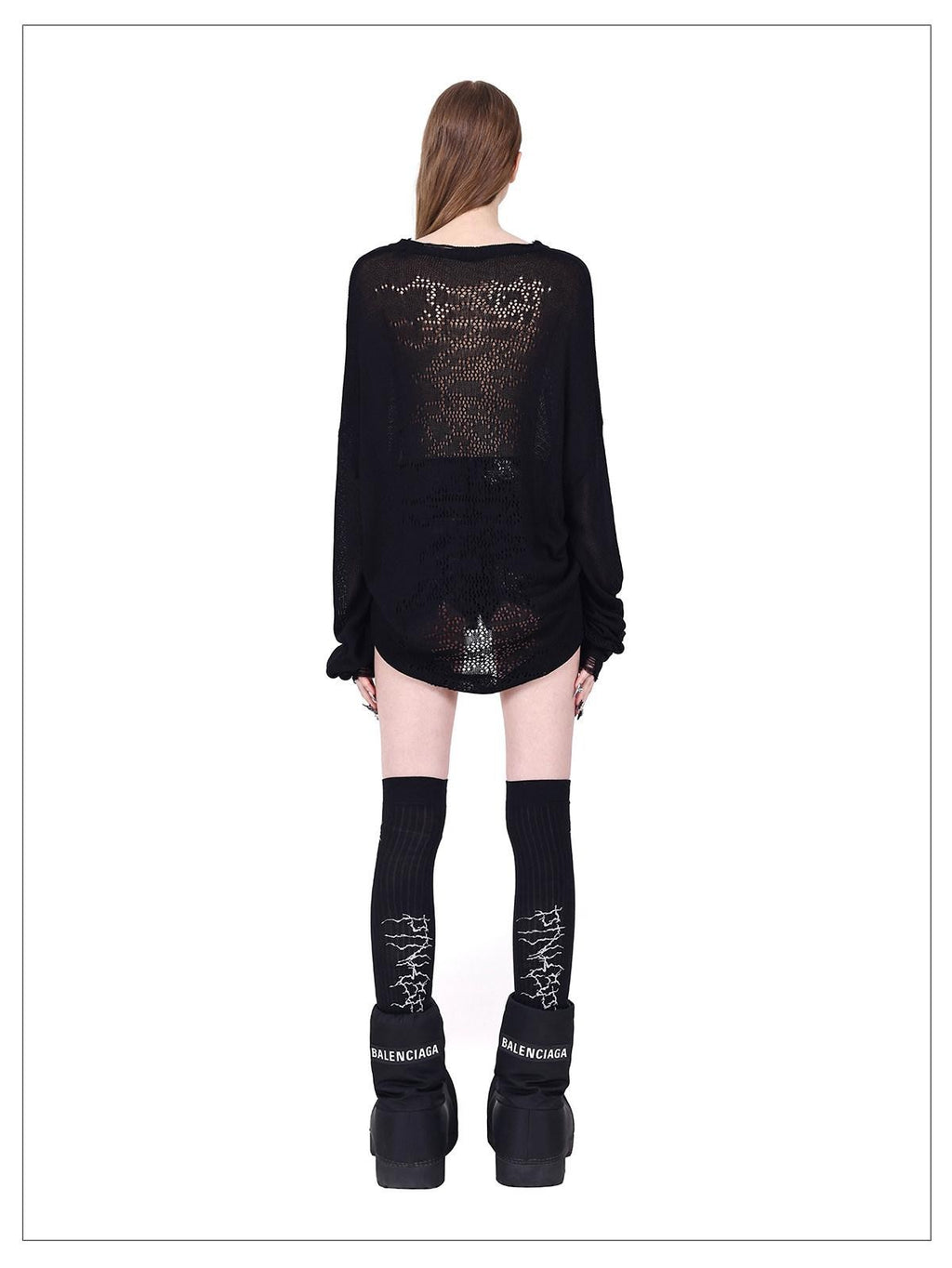 PINKSPINK Pink Mesh Cutout Hand Distressed Women's Acrylic Blend Long Sleeve T-shirts