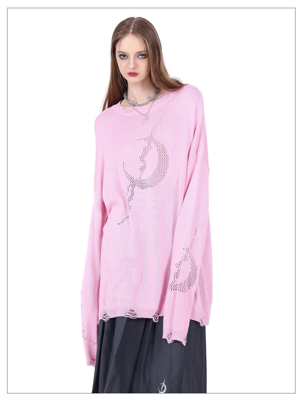 PINKSPINK Pink Mesh Cutout Hand Distressed Women's Acrylic Blend Long Sleeve T-shirts