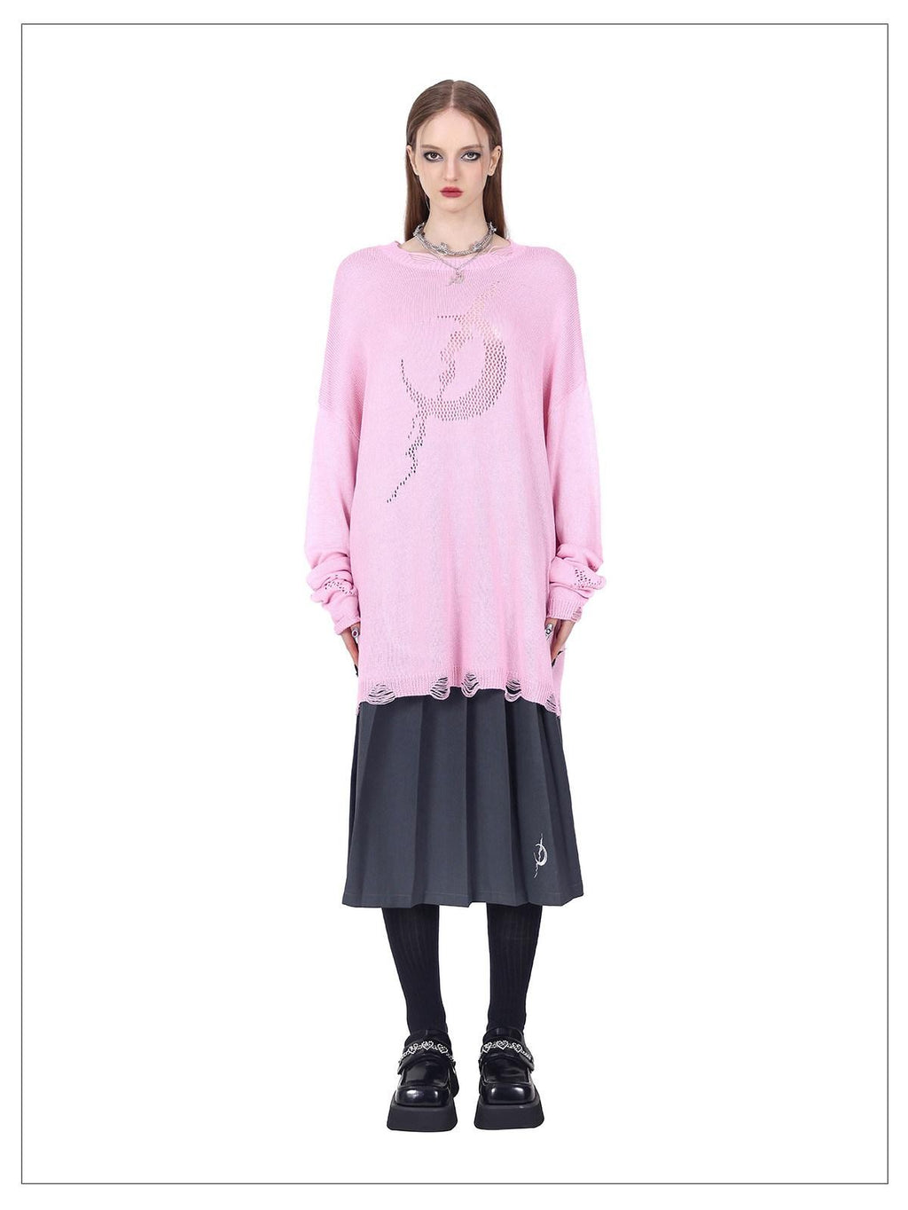 PINKSPINK Pink Mesh Cutout Hand Distressed Women's Acrylic Blend Long Sleeve T-shirts