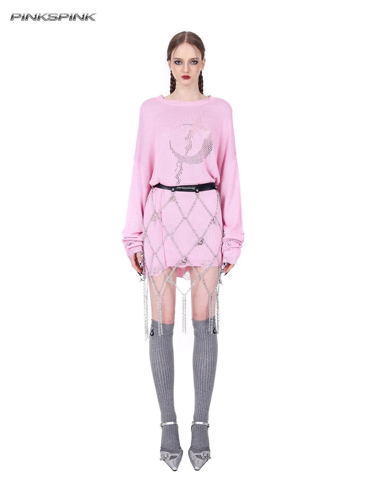 PINKSPINK Pink Mesh Cutout Hand Distressed Women's Acrylic Blend Long Sleeve T-shirts