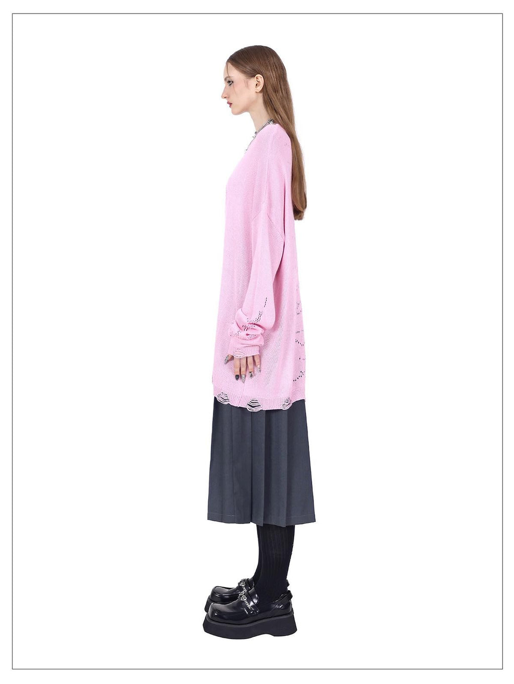 PINKSPINK Pink Mesh Cutout Hand Distressed Women's Acrylic Blend Long Sleeve T-shirts