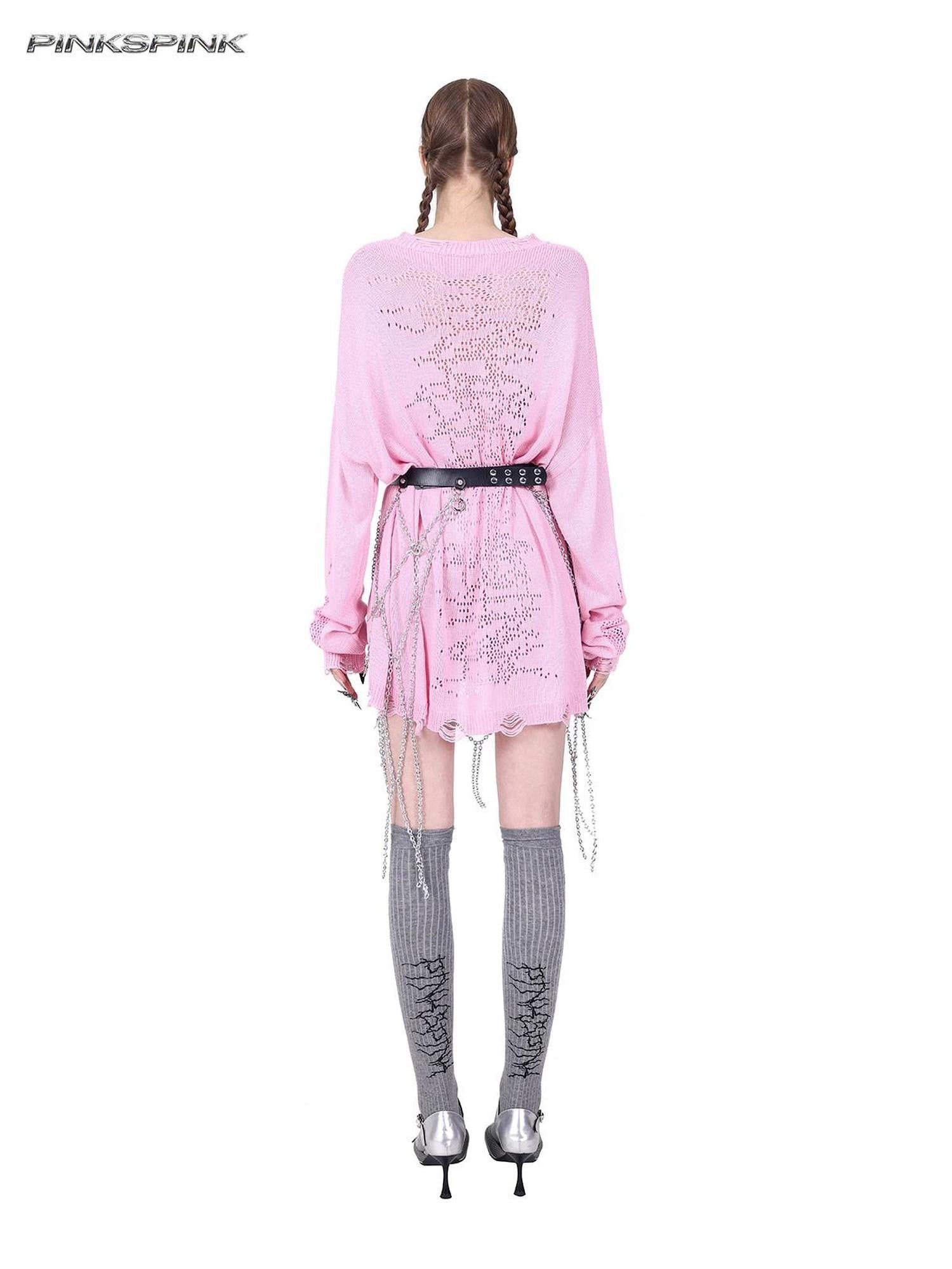PINKSPINK Pink Mesh Cutout Hand Distressed Women's Acrylic Blend Long Sleeve T-shirts