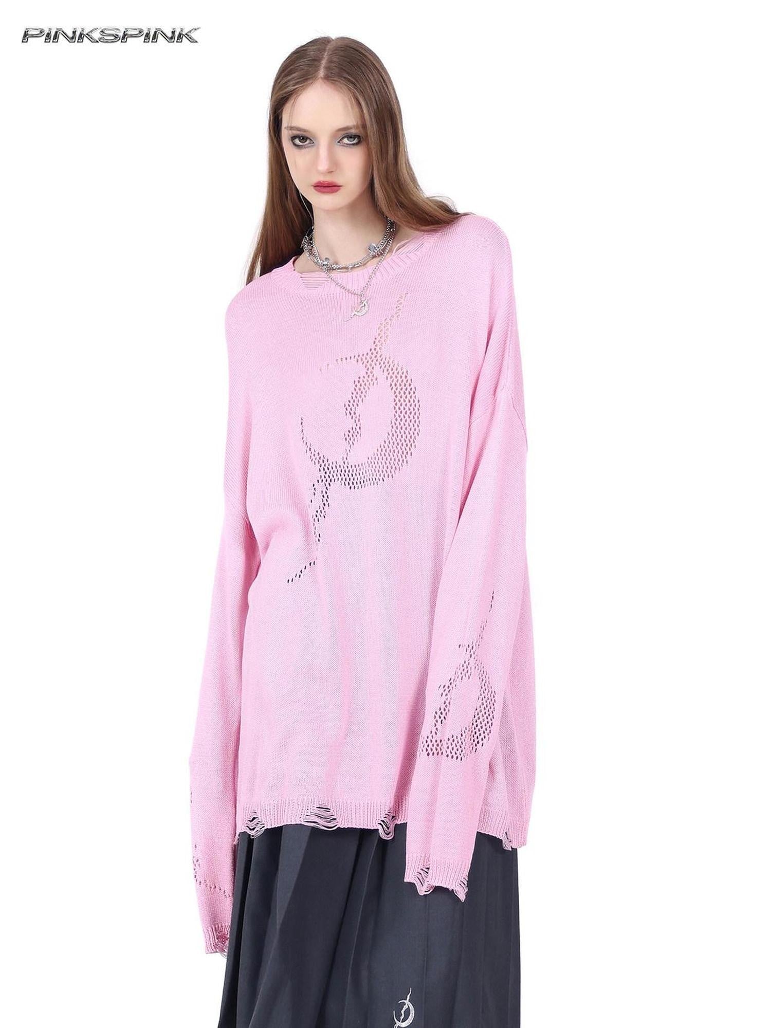 PINKSPINK Pink Mesh Cutout Hand Distressed Women's Acrylic Blend Long Sleeve T-shirts