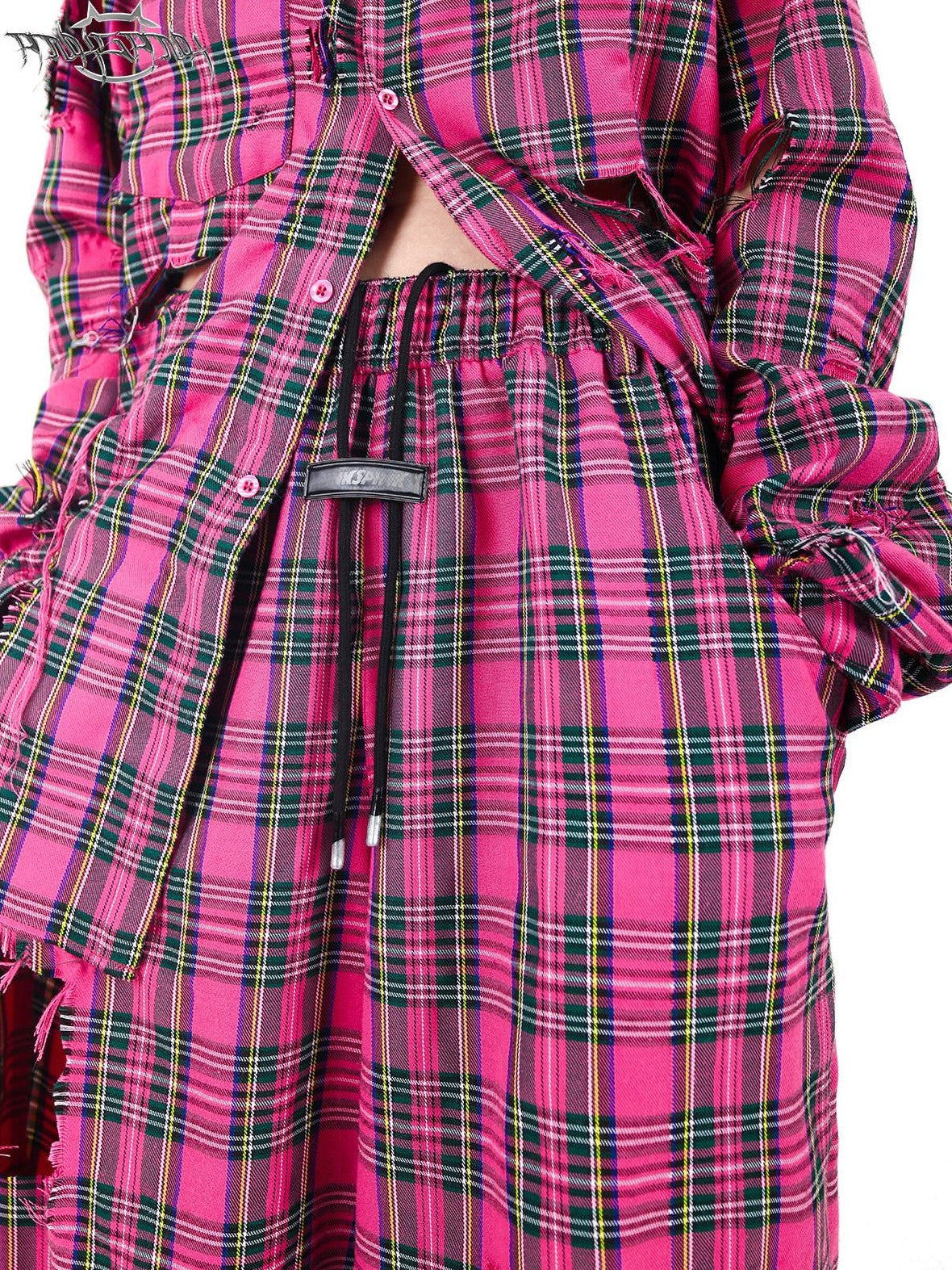 PINKSPINK Pink Plaid Hand Distressed Ripped Hip Hop Women's Wide-leg Pants
