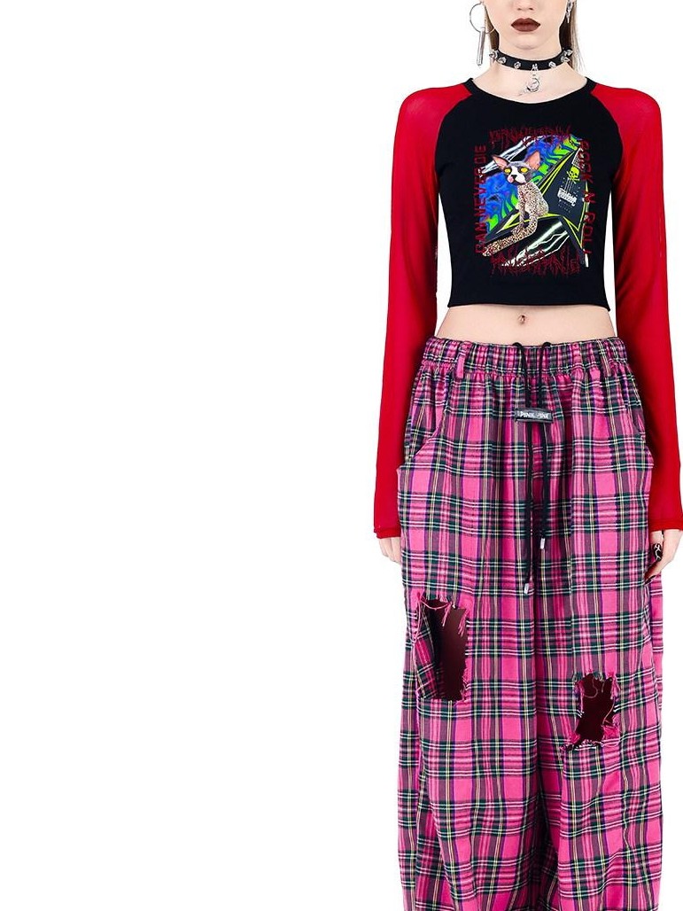 PINKSPINK Pink Plaid Hand Distressed Ripped Hip Hop Women's Wide-leg Pants