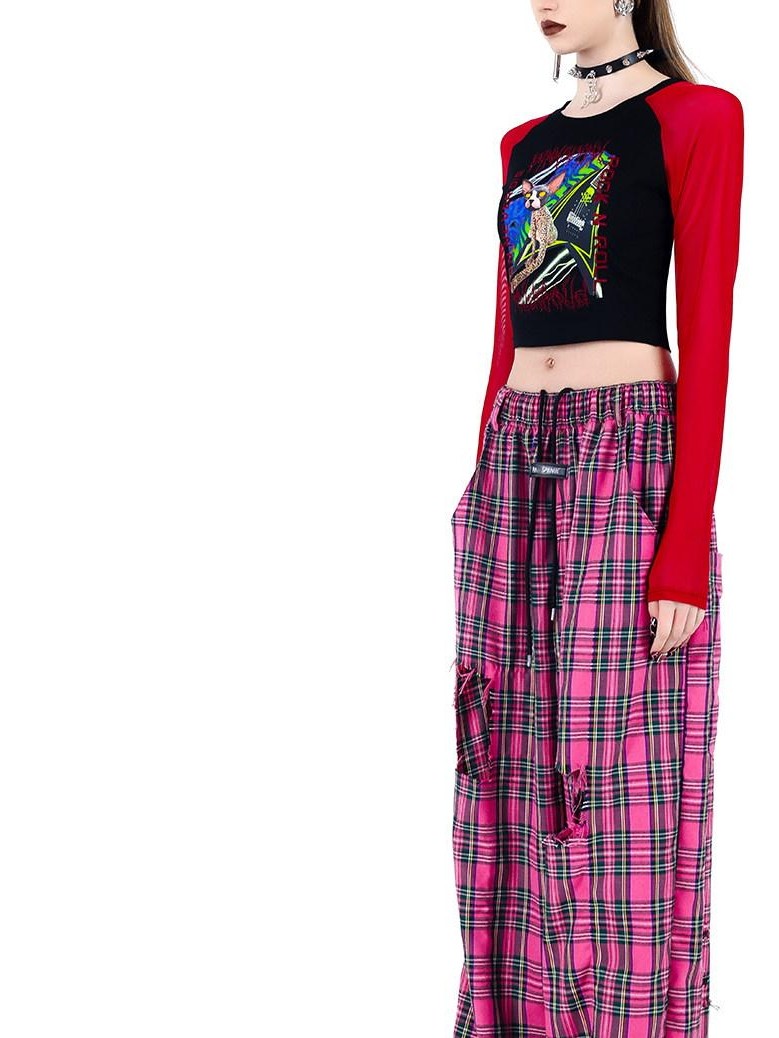 PINKSPINK Pink Plaid Hand Distressed Ripped Hip Hop Women's Wide-leg Pants