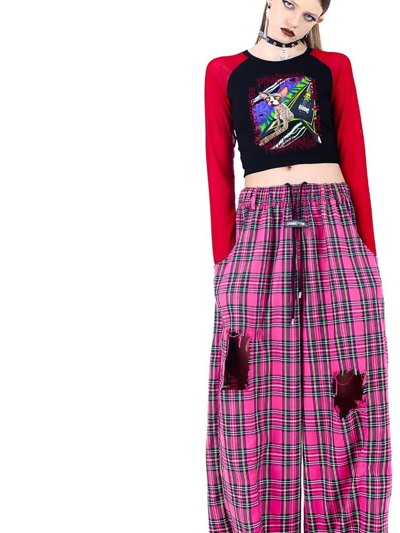 PINKSPINK Pink Plaid Hand Distressed Ripped Hip Hop Women's Wide-leg Pants