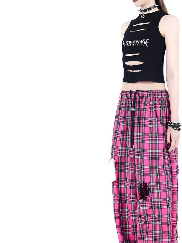 PINKSPINK Pink Plaid Hand Distressed Ripped Hip Hop Women's Wide-leg Pants
