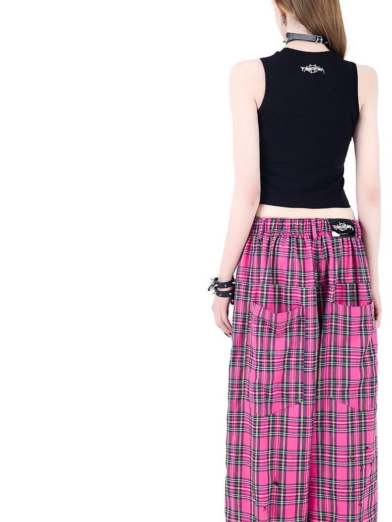 PINKSPINK Pink Plaid Hand Distressed Ripped Hip Hop Women's Wide-leg Pants