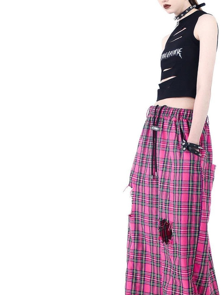 PINKSPINK Pink Plaid Hand Distressed Ripped Hip Hop Women's Wide-leg Pants