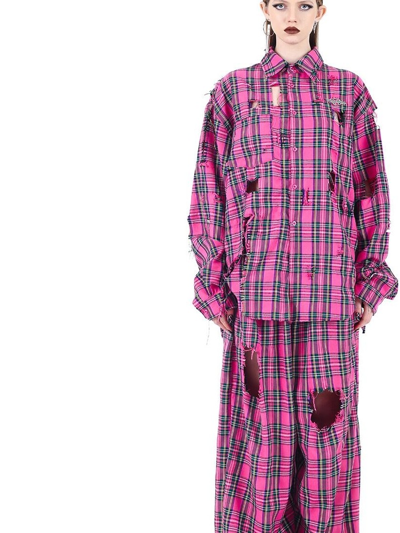 PINKSPINK Pink Plaid Hand Distressed Ripped Hip Hop Women's Wide-leg Pants