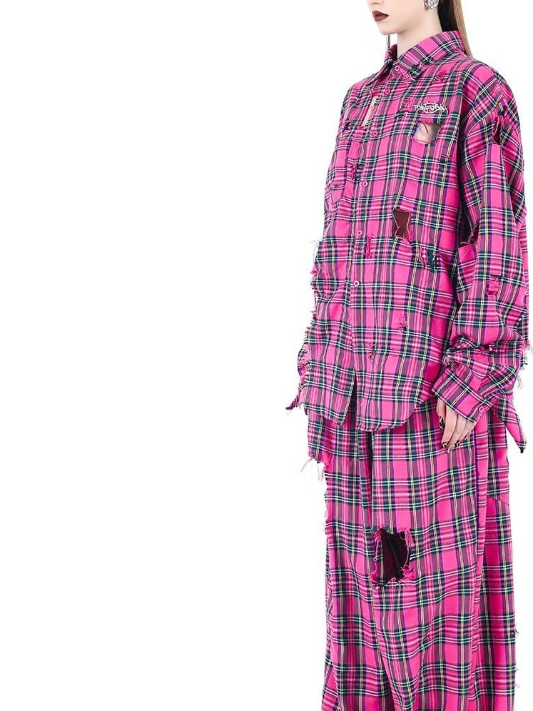 PINKSPINK Pink Plaid Hand Distressed Ripped Hip Hop Women's Wide-leg Pants