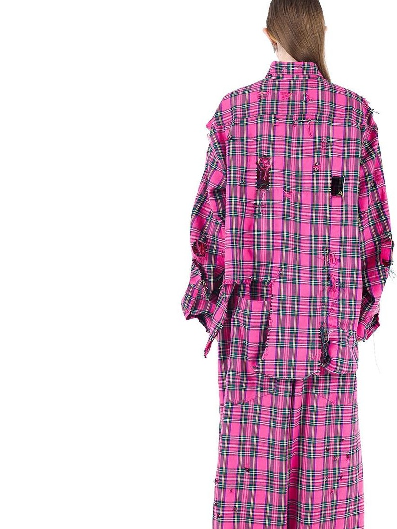 PINKSPINK Pink Plaid Hand Distressed Ripped Hip Hop Women's Wide-leg Pants