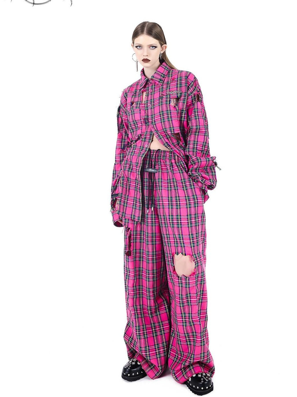 PINKSPINK Pink Plaid Hand Distressed Ripped Hip Hop Women's Wide-leg Pants