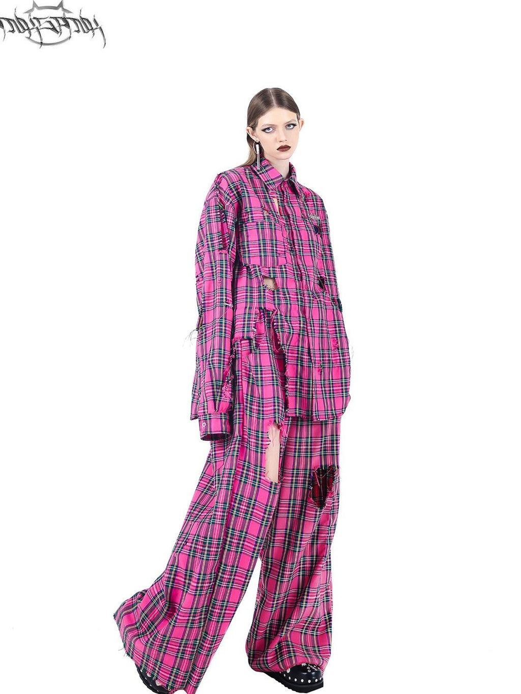 PINKSPINK Pink Plaid Hand Distressed Ripped Hip Hop Women's Wide-leg Pants
