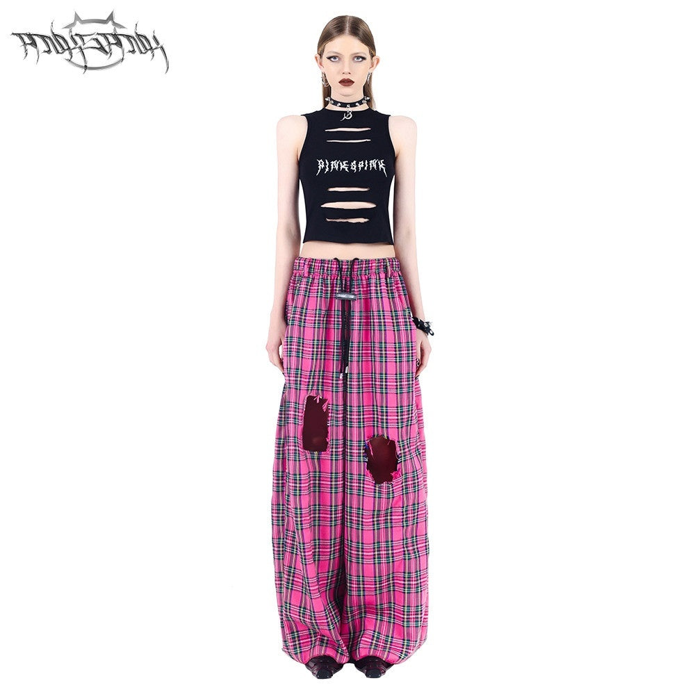 PINKSPINK_Pink_Plaid_Hand_Distressed_Rock_Punk_Hip_Hop_Women's_Wide-leg_Pants_669167970396_MISSTT