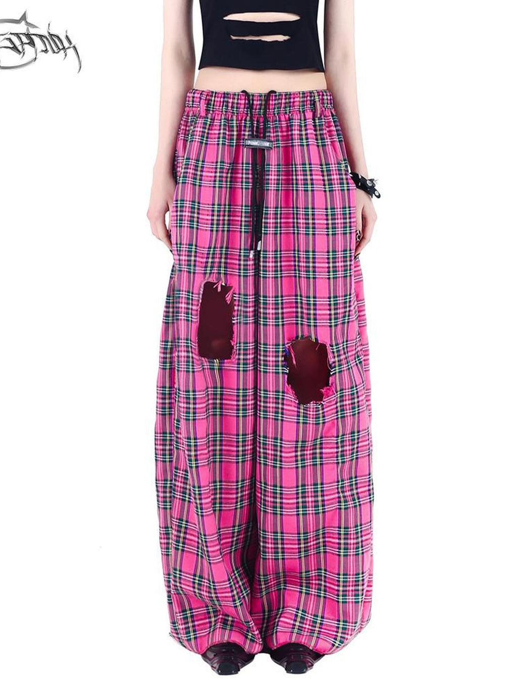 PINKSPINK Pink Plaid Hand Distressed Rock Punk Hip Hop Women's Wide-leg Pants