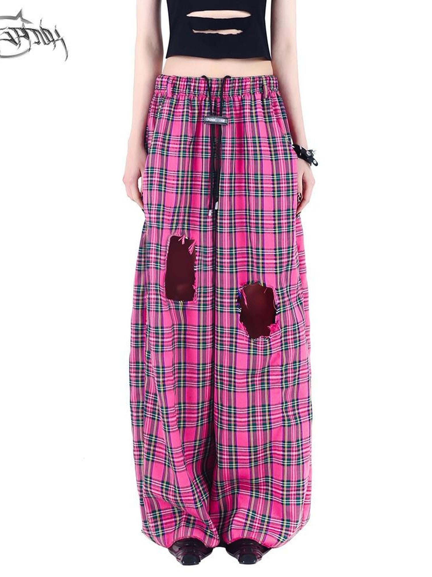 PINKSPINK Pink Plaid Hand Distressed Rock Punk Hip Hop Women's Wide-leg Pants