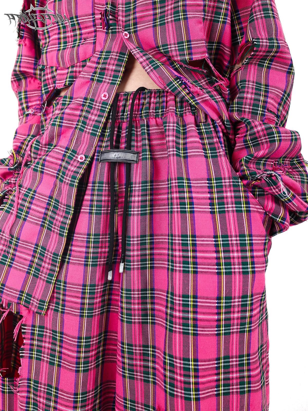 PINKSPINK Pink Plaid Hand Distressed Rock Punk Hip Hop Women's Wide-leg Pants