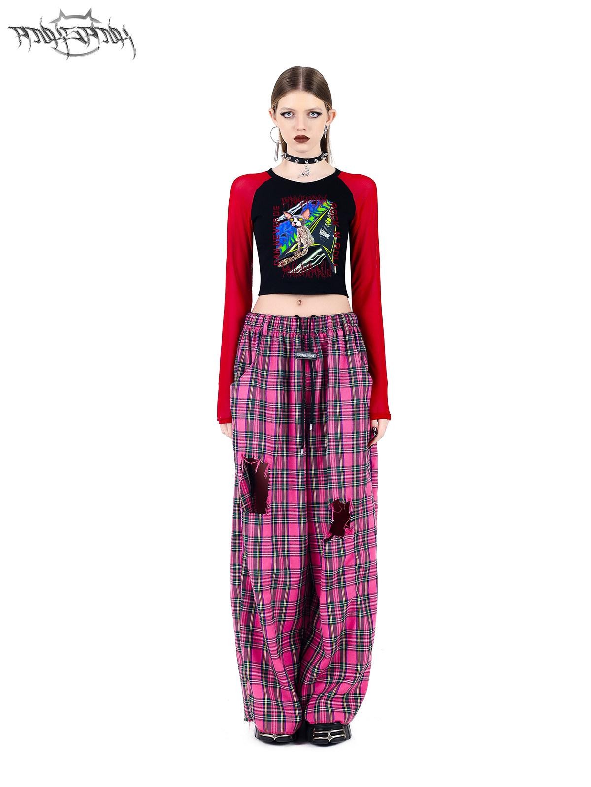 PINKSPINK Pink Plaid Hand Distressed Rock Punk Hip Hop Women's Wide-leg Pants