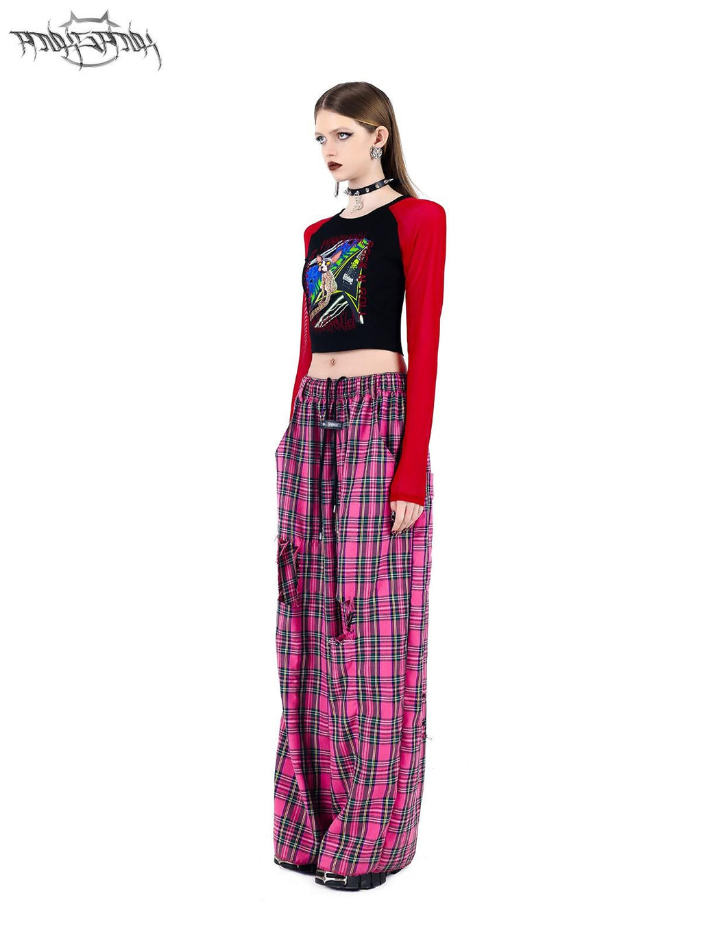 PINKSPINK Pink Plaid Hand Distressed Rock Punk Hip Hop Women's Wide-leg Pants