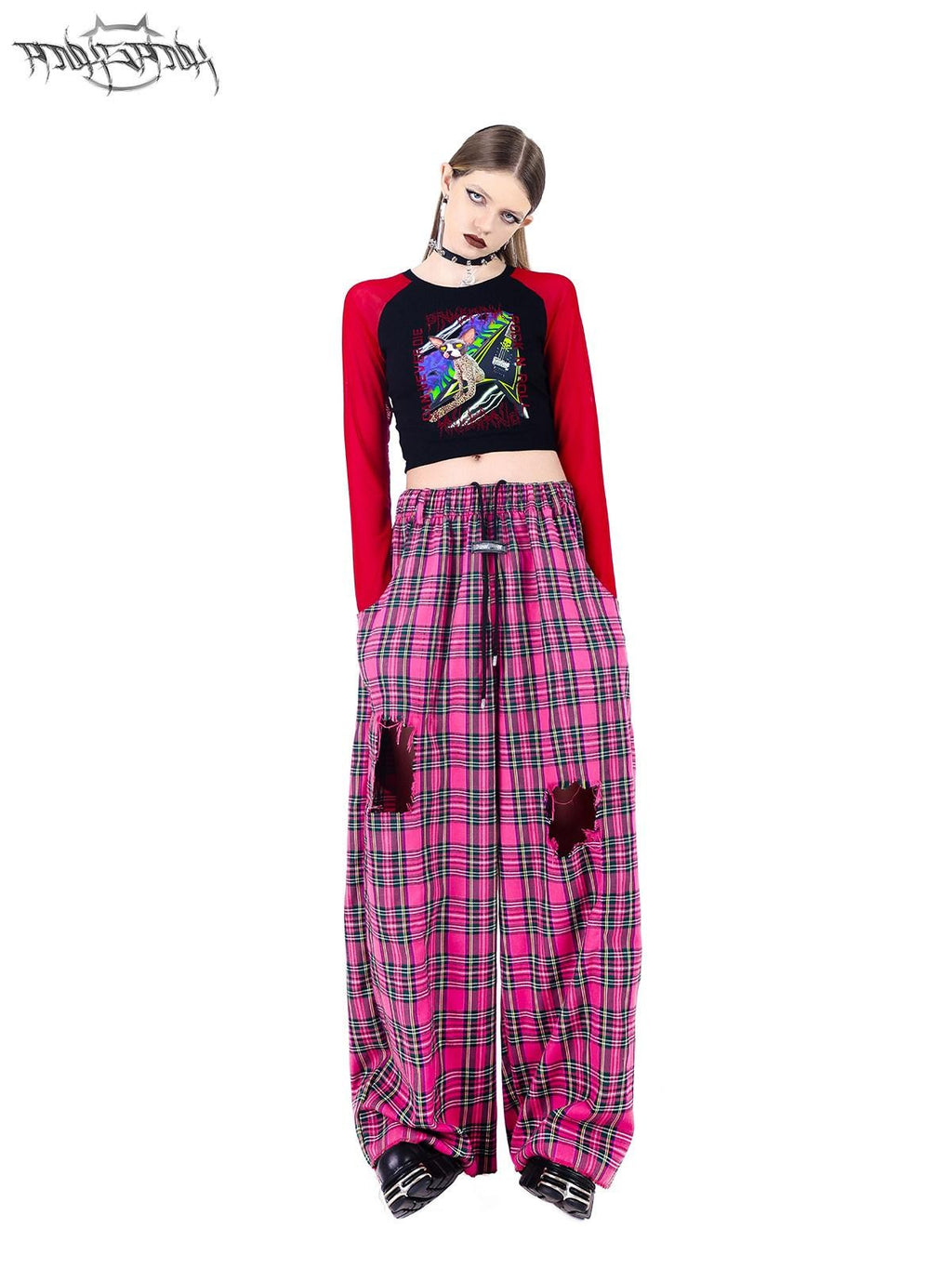 PINKSPINK Pink Plaid Hand Distressed Rock Punk Hip Hop Women's Wide-leg Pants