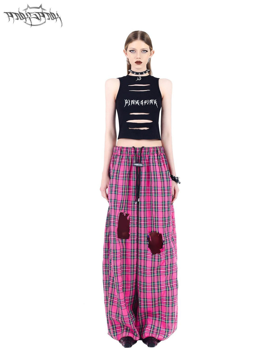 PINKSPINK Pink Plaid Hand Distressed Rock Punk Hip Hop Women's Wide-leg Pants